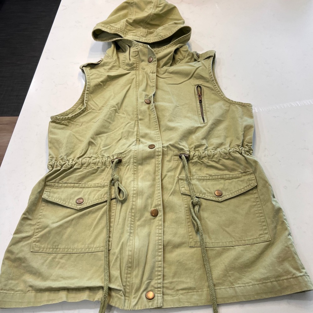 Zenana Outfitters Womens Hooded Utility Vest Olive Green Size L Drawstring Waist